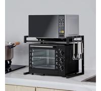 WODFARR 2 Niveaux Support de Four à Micro-Ondes Extensible, avec 4 Crochets, Extensible de 40 à 65 cm, Convient aux étagères de Cuisine, aux étagères de Rangement (Noir, 65x36,5x42 cm)