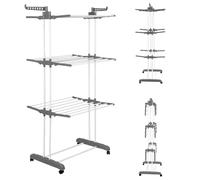 WODFARR 3 Niveaux Vêtements Pliables Airer avec 4 roulettes à Cintre, Tancarville pour Usage Intérieur/Extérieur, Sèche-Linge Support Rack, A,Gris Argent