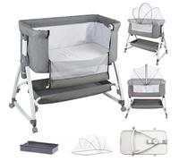 WODFARR Berceau Bébé 4 en 1, Lit pour Nouveau-né, 0-6 Mois, 6 Niveaux de Réglage en Hauteur, Lit Cododo avec Matelas Confortable, Couffin, Moustiquaire (80x40x100-116 cm - Lin Gris)