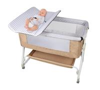 WODFARR Berceau Cododo 4 en 1, Lit Bébé avec Table à Langer et Rangement, 6 Niveaux de Hauteur, Lit Cododo Multifonction avec Moustiquaire (95x50x98-110 cm - Beige)