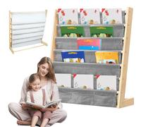 WODFARR Bibliothèque Meuble de Rangement pour Enfant, Bibliothèque pour Enfants avec Poche, Bibliothèque avec Compartiments de Rangement-75 * 30 * 76cm, Gris Lin
