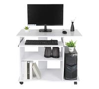 WODFARR Bureau Informatique avec roulettes et Support Clavier Coulissant, Bureaux à Domicile et Postes de Travail Informatiques (Blanc, 90x50x75 cm)