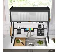 WODFARR Égouttoir à Vaisselle à 2 étages au-Dessus de l'évier,Porte-ustensiles,Évier de Cuisine, Acier au Carbone, Support d'égouttage, Support pour Planches à découper (65 * 30 * 78cm,Noir)