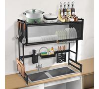 WODFARR Égouttoir à Vaisselle à 2 étages au-Dessus de l'évier,Porte-ustensiles,Évier de Cuisine, Acier au Carbone, Support d'égouttage, Support pour Planches à découper,85 * 28 * 77cm,Noir