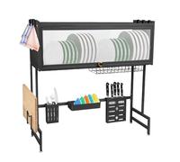 WODFARR Égouttoir à Vaisselle à 2 étages au-Dessus de l'évier,Porte-ustensiles,Évier de Cuisine, Acier au Carbone, Support d'égouttage, Support pour Planches à découper,75 * 30 * 78cm, Noir