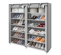 WODFARR Étagère à Chaussures en Tissu à 7 Niveaux, Meuble de Rangement avec Housse de Protection, Rangement Chaussures Gain de Place, Cadre en Métal (Gris Clair, 120x30x110cm- 2x7)