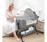 WODFARR Lit Bébé Berceau Cododo pour Bébé 0-36 Mois, Hauteur Réglable Lit Cododo avec Matelas, Panier de Rangement, Table à Langer,Pieds en Y,104 * 52 * 103-115cm (Gris Lin)