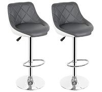 WODFARR Lot de 2 tabourets de Bar, Tabouret cuillère, Assise PU rembourrée, Hauteur réglable 60-82 CM avec Coussin, Base chromée, Base 38,5 CM-Gris Avant Blanc