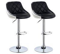 WODFARR Lot de 2 tabourets de Bar, Tabouret cuillère, Assise PU rembourrée, Hauteur réglable 60-82 CM avec Coussin, Base chromée, Base 38,5 CM-Noir Avant Blanc