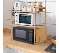 WODFARR Micro-Ondes Rack, Support de Four à Micro-Ondes en Bambou, étagère Micro Onde, Etagere pour Micro Onde, Ajustable Etagere Rangement Cuisine avec 4Crochets (52 * 37 * 65cm,Double)
