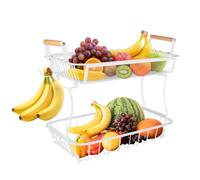 WODFARR Panier à fruits à 2 niveaux avec 2 Cintres pour Bananes, Corbeille à Fruits et Légumes pour Comptoir de Cuisine, Panier en maille Métallique pour Oignons (Blanc-2 Couches, 37x22x33cm)