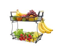 WODFARR Panier à fruits à 2 niveaux avec 2 Cintres pour Bananes, Corbeille à Fruits et Légumes pour Comptoir de Cuisine, Panier en maille Métallique pour Oignons (Noir-2 Couches, 37x22x33cm)
