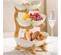 WODFARR Présentoir à fruits à 3 étages, Corbeille a Fruits Céramique avec support en bois résistant, Plateaux de Service pour Gâteaux Fruits Dessert, Décoration Coupe de Fruit (blanc)