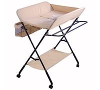 WODFARR Table à Langer Pliante, Table à Langer avec Panier de Rangement, Ceinture de sécurité et 4 Roues avec Frein, E-Abricot