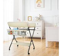 WODFARR Table à Langer Pliante, Table à Langer avec Panier de Rangement, Ceinture de sécurité et 4 Roues avec Frein, E-Beige