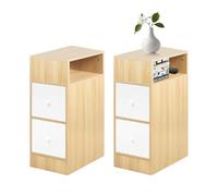 WODFARR Table de Chevet Étroite, Table de Nuit avec 1 Compartiments Ouverts et 2 Tiroir,Lot de 2, 2 tiroirs, 25 * 30 * 66cm, Bois Original + Blanc Chaud