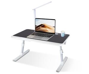WODFARR Table de Lit pour Ordinateur Portable avec Lampe LED, Angle Réglable en Hauteur, Table de lit Pliable avec Tiroir, Butoir pour Lap, Fente pour Tablette (Noir, 60x40x40 cm, Lampe de Table)