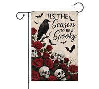 Wodison Drapeau de jardin d'Halloween 30,5 x 45,7 cm double face à l'extérieur, tête de mort, floral, rose, corbeau Tis The Season To Be Spooky Holiday Yard Drapeau décoratif d'extérieur