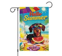 Wodison Drapeau de jardin Hello Summer Sea Beach Dog 30,5 x 45,7 cm double face à l'extérieur, teckel Hello Summer Yard Sign Seasonal Holiday Outdoor Drapeau en toile de jute