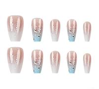 Wodsty Faux ongles courts en ABS - Design brillant - Faux ongles courts | Design scintillant à paillettes, coupe de ballet courte, dégradé blanc/bleu, accroche-regard tendance, look accrocheur
