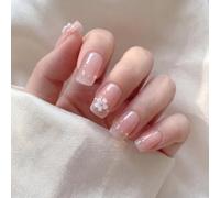 Wodsty Ongles courts faits à la main Nude avec perles et fleurs faites à la | Base nude, perles et fleurs 3D, longueur courte, look élégant