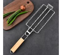 Wodsty Panier à saucisses pour barbecue avec grille verrouillable et poignée en bois, support en fer NiCr robuste pour 6 bratwurst, portable pour pique-nique, feu de camp