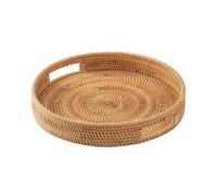 Wodsty Plateau en rotin tissé avec poignées, panier de rangement rond de 30 x 30 x 5 cm pour servir des aliments, des boissons, et organiser la maison, la cuisine ou la salle de café