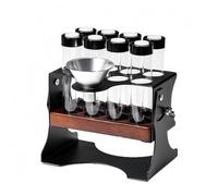 Wodsty Présentoir de rangement pour grains de café à dose unique avec valve d'échappement unidirectionnelle, 8 tubes en verre hermétiques et entonnoir pour grains frais, base en bois massif