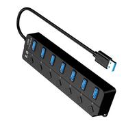 Woedpez Adaptateur USB 3.0 avec 7 ports, interrupteurs individuels et lumières LED, câble de 30 cm pour PC, ordinateur portable, consoles de jeux