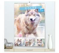Wölfe. Zarte Aquarelle von beeindruckenden Tieren (hochwertiger Premium Wandkalender 2026 DIN A2 hoch), Kunstdruck in Hochglanz: Liebliche und zarte Wolfsbilder in Pastellfarben