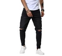 Woenzaia Jean pour homme coupe ajustée en denim stretch fuselé, #A Noir au genou déchiré, 46