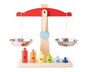 Woet® Balance jouet en bois avec 7 poids | Balance jouet, Accessoire de boutique d'imitation, 7 poids en bois, Jeu d'équilibre, Jeux de rôle, Dès 3 ans