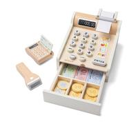 New Classic Toys Caisse enregistreuse en bois 10651 – Billets, scanner, carte bancaire – Blanche