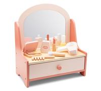 Woet - Coiffeuse en Bois pour Enfants - Jouet de Beauté d’Imitation avec Miroir et 7 Accessoires - Set Maquillage Jouet avec Sèche-Cheveux, Rouge à Lèvres et Peigne
