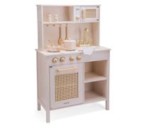 Woet - Cuisine de Jeu Rose en Bois pour Enfants - Jouet de Cuisine avec Ustensiles, Accessoires et Détails en Rotin - Cuisine d’Imitation - À Partir de 3 Ans - Cadeau Filles et Garçons