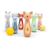 Woet - Jouet Bowling en Bois pour Enfants - Set avec 6 Quilles Animaux et 2 Boules - Jeu Intérieur Coloré pour Développement de la Motricité - À Partir de 3 Ans - Cadeau Filles et Garçons