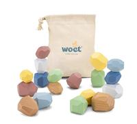 Woet - Jouet Pierres Empilables en Bois pour Tout-Petits - Set Montessori 18 Pièces avec Sac de Rangement - Développement de la Motricité et de l’Équilibre - À Partir de 18 Mois - Cadeau Enfants