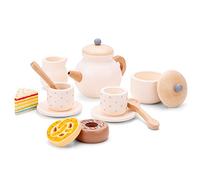 Woet® Service à thé en Bois avec pâtisseries, 14 pièces | Service à thé d'imitation, Aliments jouets en bois, Théière, Tasses et soucoupes, Accessoires de cuisine, Dînette, Dès 2 ans