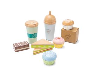 Woet® Set Coffee to Go en Bois pour Tout-Petits - Jouet de Café et Boulangerie Factice 15 Pièces - Sandwichs, Cupcakes et Boissons - Set de Jeu FSC - À Partir de 2 Ans - Cadeau Barista pour Enfants