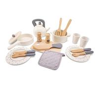 Woet® Set Dîner Jouet en Bois pour Enfants - 20 Pièces avec Casserole, Poêle, Bouilloire, Assiettes et Couverts - Set Vaisselle d’Imitation - Jouet de Cuisine d’Imitation - À Partir de 2 Ans