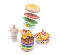 Woet - Set Fast Food en Bois pour Tout-Petits - Burger Empilable, Frites et Milkshake - Jouet Factice 18 Pièces FSC - Accessoires de Cuisine d’Imitation - À Partir de 2 Ans - Cadeau Enfants
