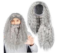 WOFASHPURET Ensemble Postiche Et Barbe Pour Cosplay De Sorcier Gris, Longue Postiche Synthétique, Barbe Incluse, Adulte, Déguisement Halloween Et Fête Costumée