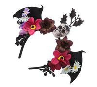 WOFASHPURET Halloween Headpiece With Mexican Flower Crown Skull And Bat Wings Adjustable Scary Headband For Women For Day Of The Dead Masquerade Stage Shows And Photo Props