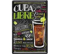 WOGEKA ART Plaque en tôle rétro - Recette de cocktail Cuba Libre - Inscription amusante comme idée de cadeau pour un anniversaire, Noël pour la décoration - 20 x 30 cm - Design vintage en métal 134