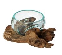 Wogeka Bol en verre, diamètre : 7 à 8 cm, sur bois de racine, bol décoratif fait à la main, en verre et bois naturel, accessoire d'intérieur moderne comme décoration de table taille XS
