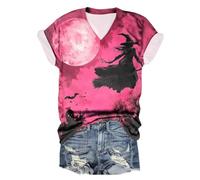 WOGOYO T Shirt de sorcière pour Femmes, Halloween, Manches Courtes, Motif Arbre, Chat, Chauve Souris Chemise Longue Tunique (Red, XL)