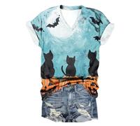 WOGOYO T Shirt de sorcière pour Femmes, Halloween, Manches Courtes, Motif Arbre, Chat, Chauve Souris Humour (Mint Green, XXXL)