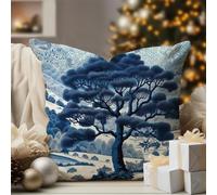 WoGuangis Housse de coussin bleu indigo et blanc indigo scénique de la dynastie asiatique, bleu roi, housse de coussin chinoiserie orientale en lin blanc pour salon, chambre à coucher, 40,6 x 40,6 cm