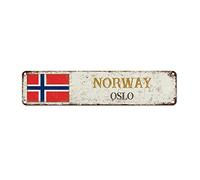 WoGuangis Oslo Plaque en métal vintage Norvège en étain souvenir de la ville pour amateur de voyage, décoration murale en métal pour porche, buanderie, 45,7 x 10,2 cm, cadeau d'anniversaire