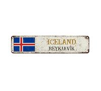 WoGuangis Plaque murale rétro vintage en aluminium avec drapeau national de l'Islande Reykjavík City - Souvenir de pays - Plaque en métal de qualité pour porche - 45,7 x 10,2 cm - Cadeau